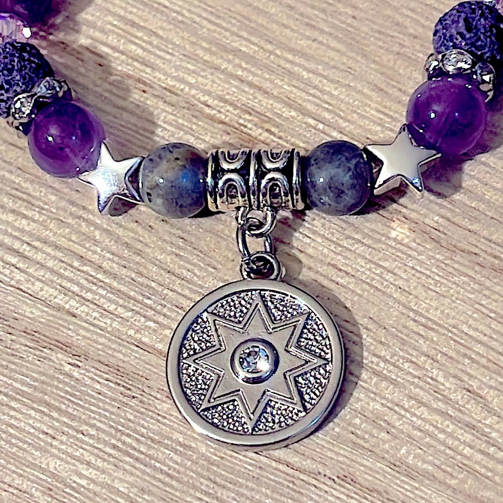 Amethyst, Flash Labradorite, Purple Lava Stone, Amulet Charm Bracelet 💜🖤🤍 - Picture 3 of 12